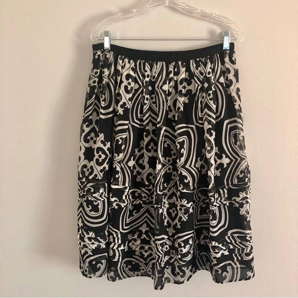 J. Crew Black and White Damask Print Silk Midi Skirt